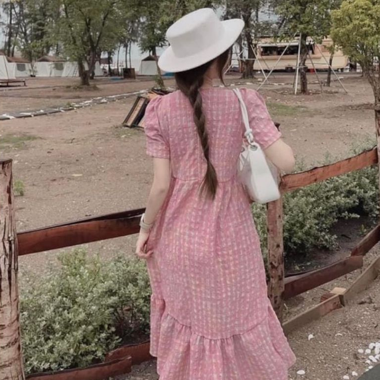 Đầm nữ không cổ bigsize bầu xinh không cổ thanh lịch Váy maxi đuôi cá kẻ hồng vintage cộc tay form rộng suông T1330G