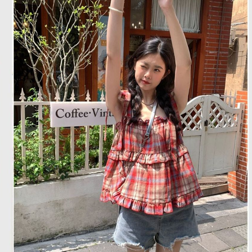 Áo kiểu nữ tiểu thư dễ thương cute bánh bèo trẻ trung xinh Áo 2 dây thắt nơ babydoll kẻ đỏ bèo tầng form rộng T1332G