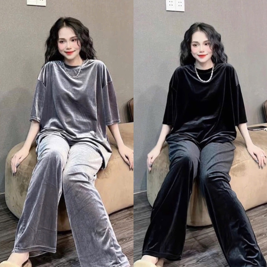 FD45- sét bộ nhung trơn form to, áo freesize tay ngắn mix quần suông dài