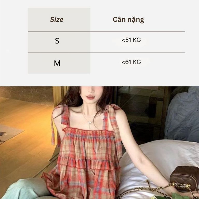 Áo kiểu nữ tiểu thư dễ thương cute bánh bèo trẻ trung xinh Áo 2 dây thắt nơ babydoll kẻ đỏ bèo tầng form rộng T1332G