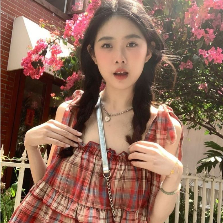Áo kiểu nữ tiểu thư dễ thương cute bánh bèo trẻ trung xinh Áo 2 dây thắt nơ babydoll kẻ đỏ bèo tầng form rộng T1332G