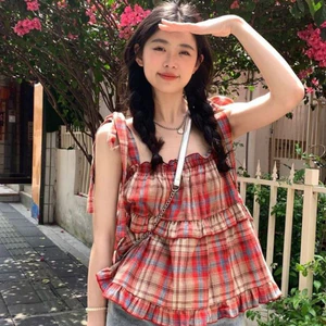 Áo kiểu nữ tiểu thư dễ thương cute bánh bèo trẻ trung xinh Áo 2 dây thắt nơ babydoll kẻ đỏ bèo tầng form rộng T1332G
