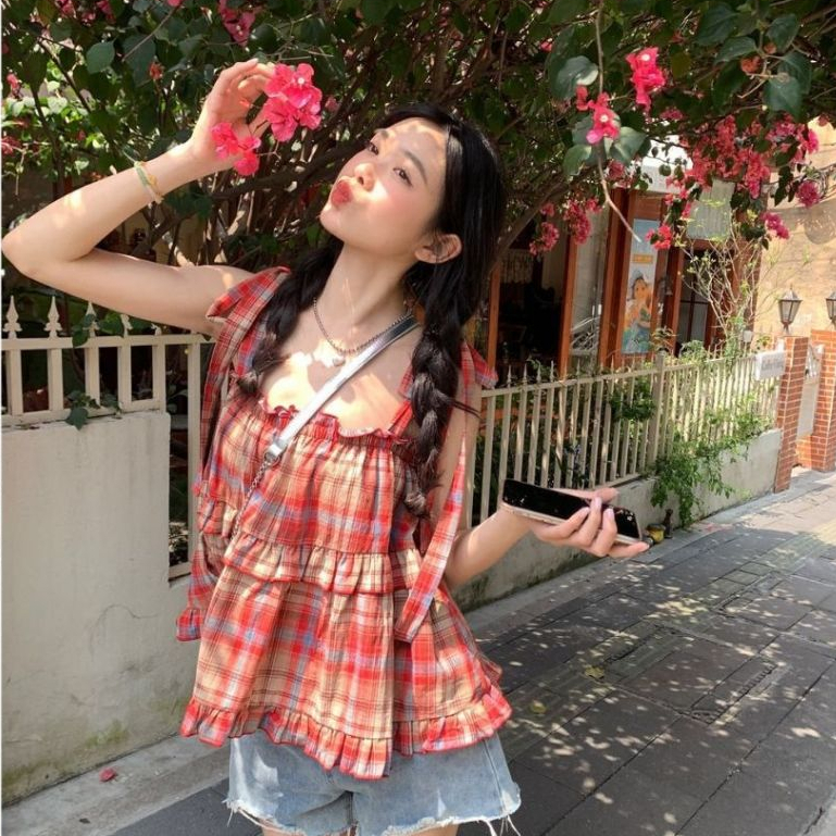 Áo kiểu nữ tiểu thư dễ thương cute bánh bèo trẻ trung xinh Áo 2 dây thắt nơ babydoll kẻ đỏ bèo tầng form rộng T1332G