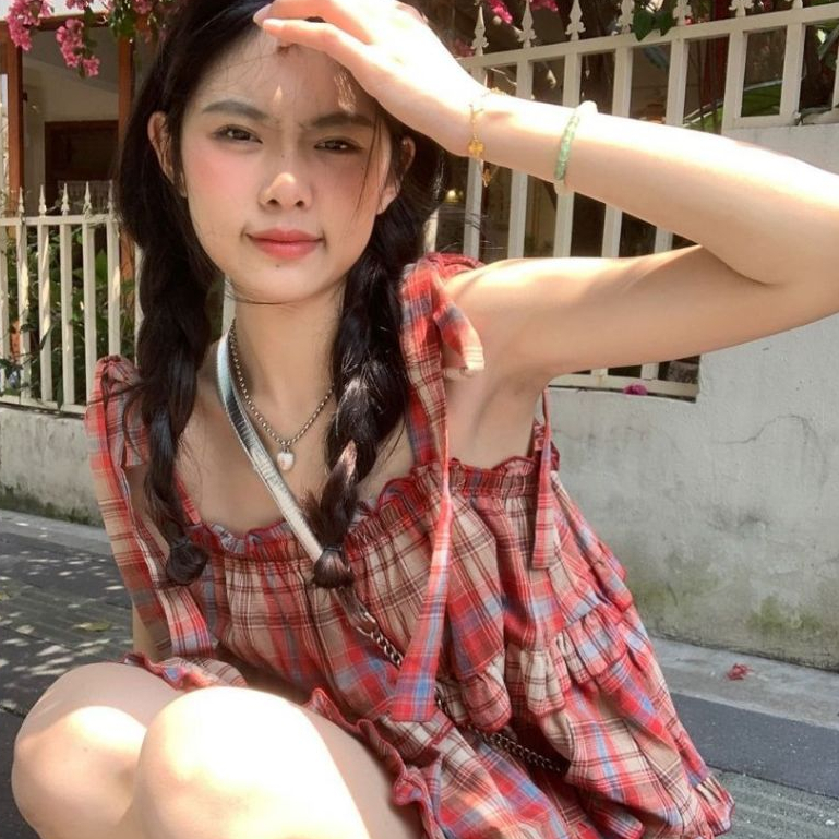 Áo kiểu nữ tiểu thư dễ thương cute bánh bèo trẻ trung xinh Áo 2 dây thắt nơ babydoll kẻ đỏ bèo tầng form rộng T1332G