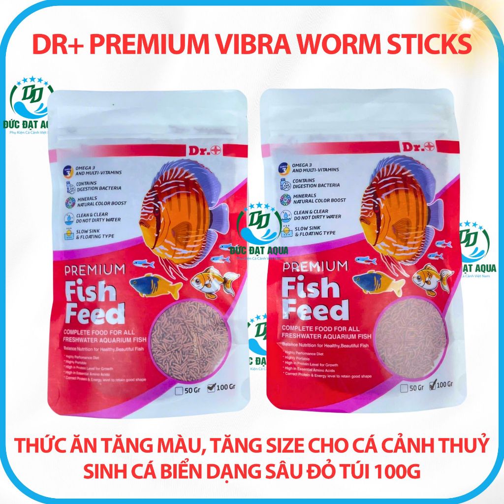 Thức ăn tăng màu tăng size cho cá cảnh, thủy sinh dạng sâu đỏ túi 100g Dr+ Premium Vibra Worm Sticks