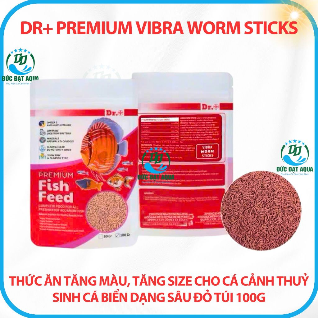 Thức ăn tăng màu tăng size cho cá cảnh, thủy sinh dạng sâu đỏ túi 100g Dr+ Premium Vibra Worm Sticks 3
