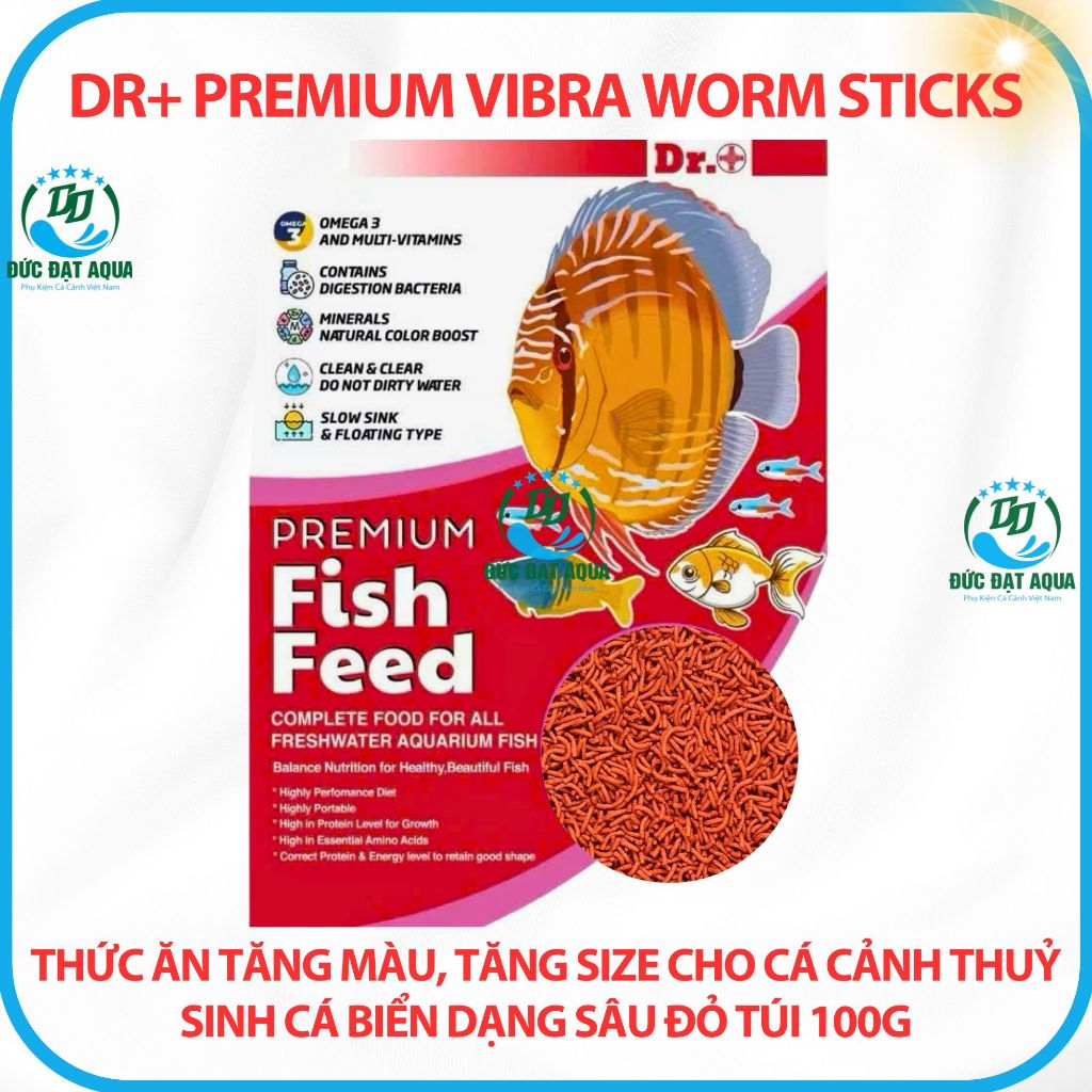 Thức ăn tăng màu tăng size cho cá cảnh, thủy sinh dạng sâu đỏ túi 100g Dr+ Premium Vibra Worm Sticks 8