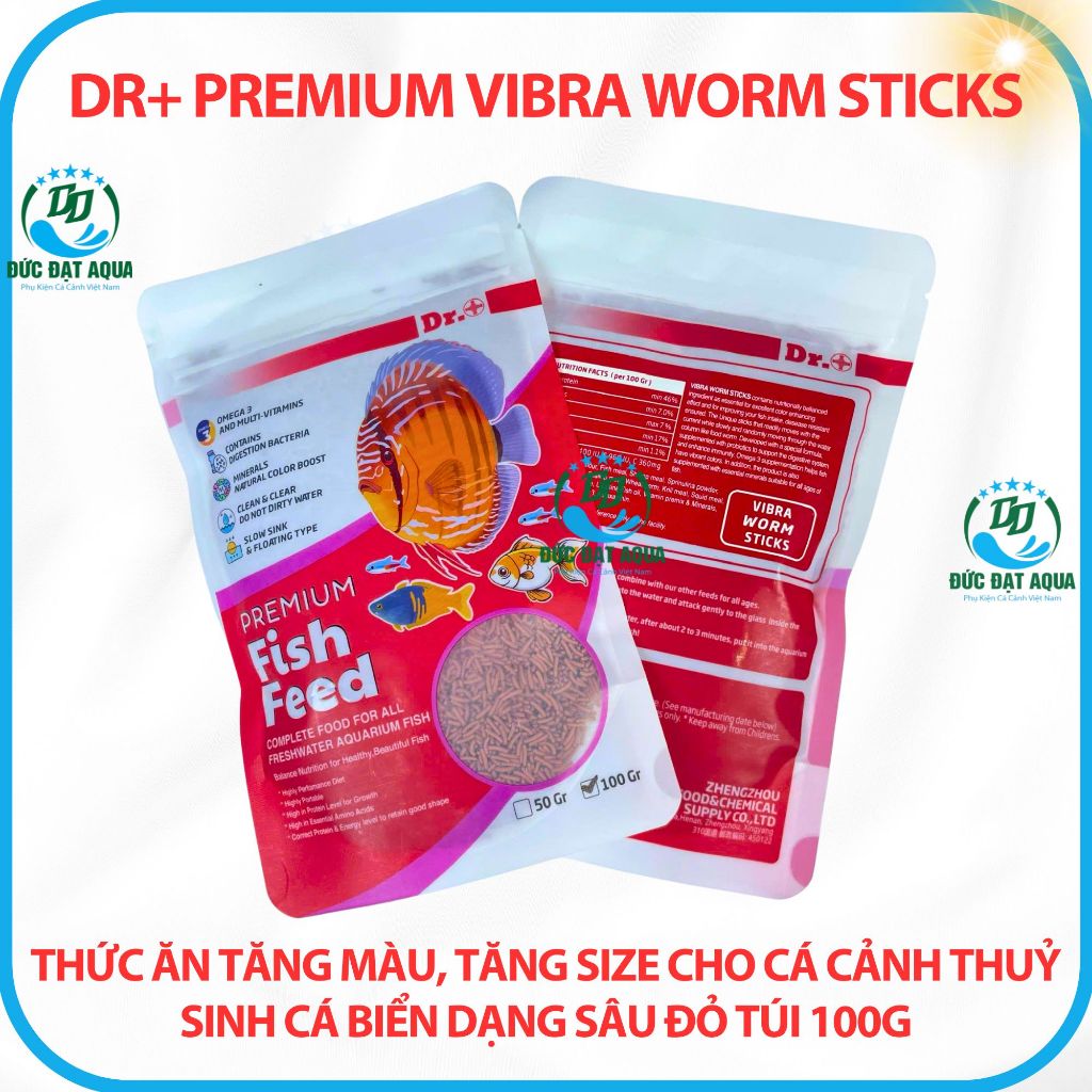 Thức ăn tăng màu tăng size cho cá cảnh, thủy sinh dạng sâu đỏ túi 100g Dr+ Premium Vibra Worm Sticks 5