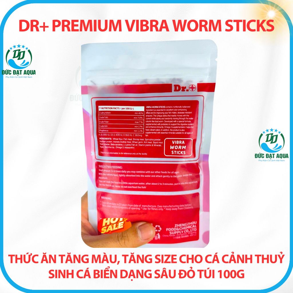 Thức ăn tăng màu tăng size cho cá cảnh, thủy sinh dạng sâu đỏ túi 100g Dr+ Premium Vibra Worm Sticks 6