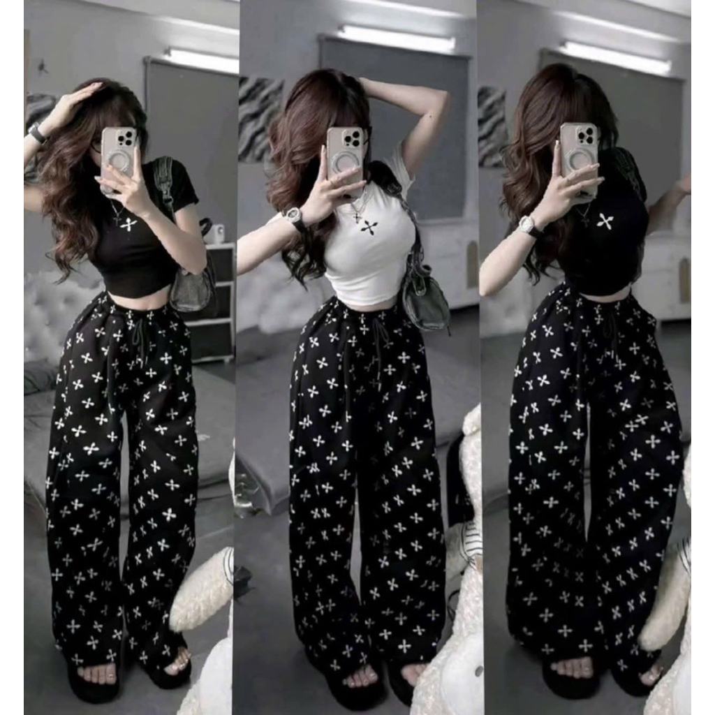 KT41- sét bộ thun tăm lanh họa tiếc chữ thập, áo croptop mix quần suông in full hình