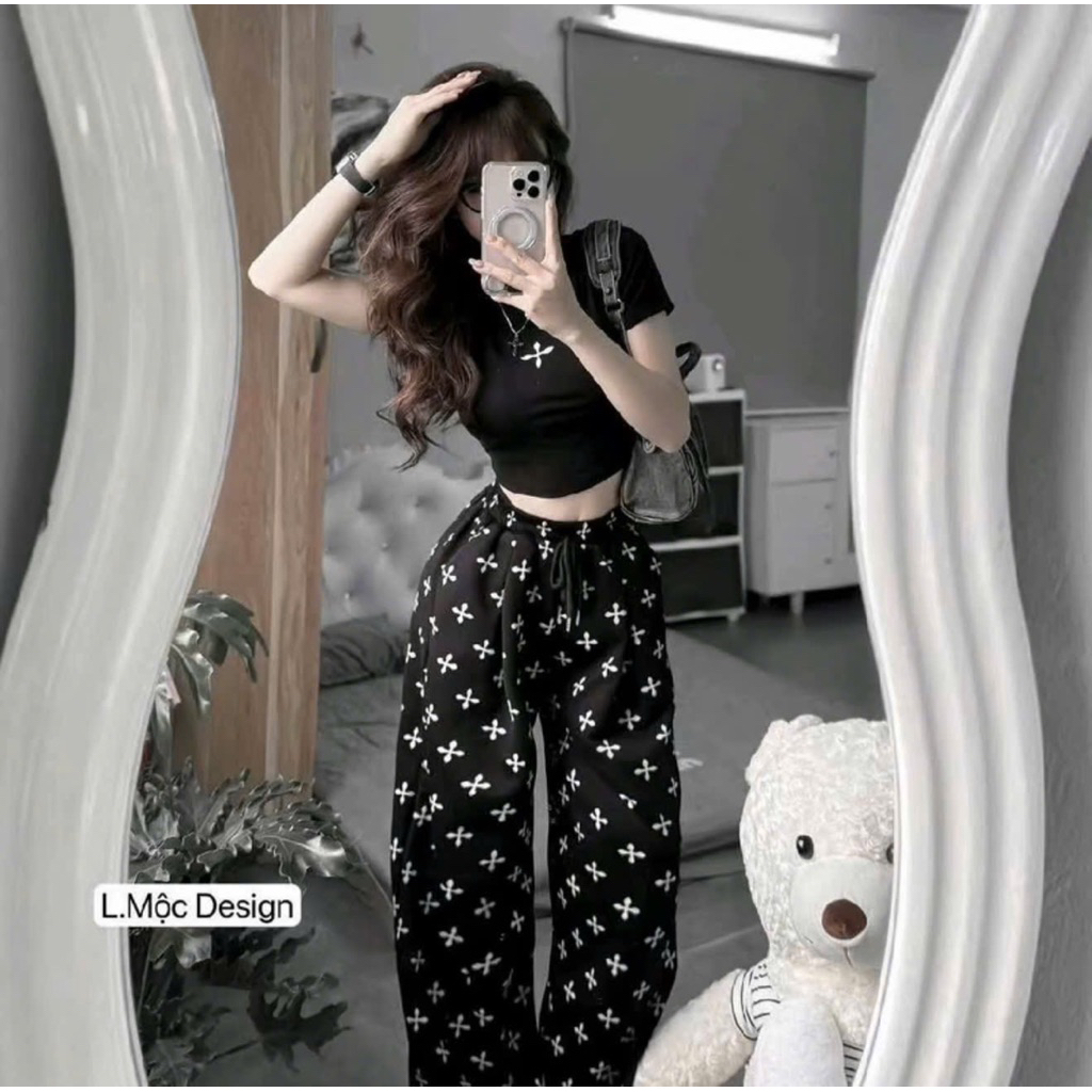 KT41- sét bộ thun tăm lanh họa tiếc chữ thập, áo croptop mix quần suông in full hình
