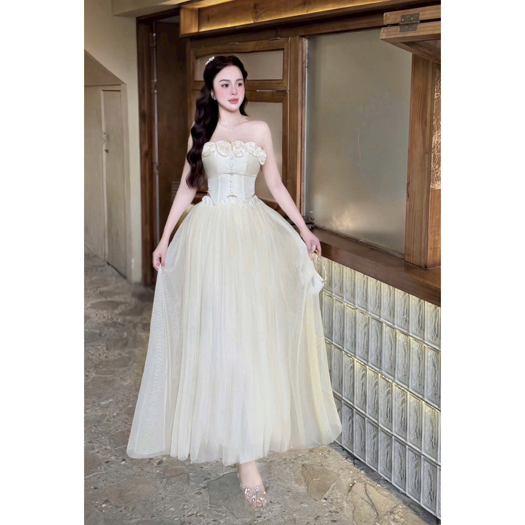 KT45- Sét váy công chúa đính 6 hoa, áo cúp ngực corset tà nhọn mix váy lưới xòe