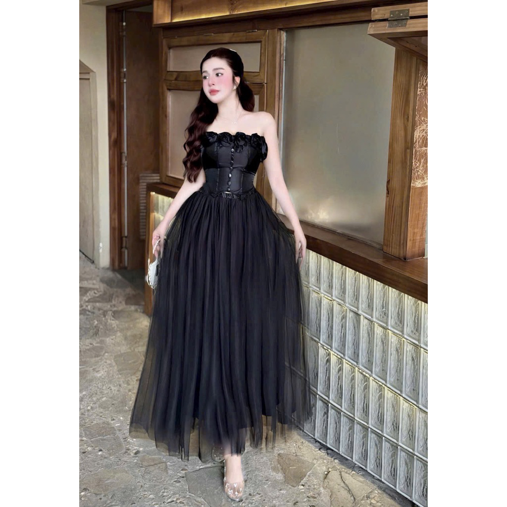 KT45- Sét váy công chúa đính 6 hoa, áo cúp ngực corset tà nhọn mix váy lưới xòe
