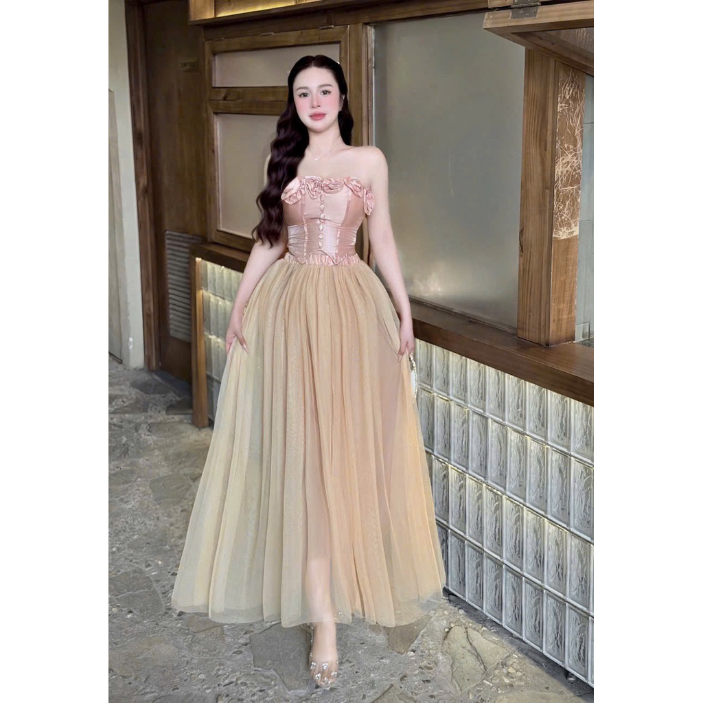 KT45- Sét váy công chúa đính 6 hoa, áo cúp ngực corset tà nhọn mix váy lưới xòe