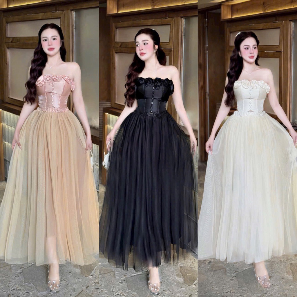 KT45- Sét váy công chúa đính 6 hoa, áo cúp ngực corset tà nhọn mix váy lưới xòe