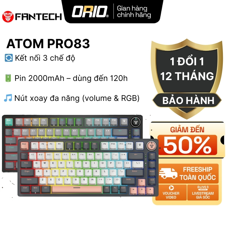 Bàn phím cơ ORIO Fantech ATOM PRO83 – LED RGB, pin 2000mAh, knob volume ...