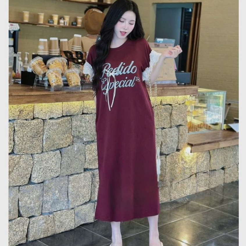 Váy suông thun cotton dáng dài maxi Đầm nữ bigsize bầu chubby xinh form rộng tay phối bèo ren đính nơ không cổ T1351G