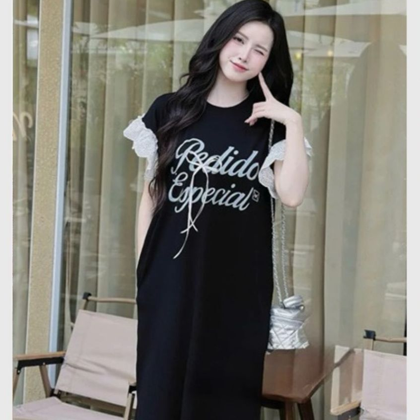 Váy suông thun cotton dáng dài maxi Đầm nữ bigsize bầu chubby xinh form rộng tay phối bèo ren đính nơ không cổ T1351G