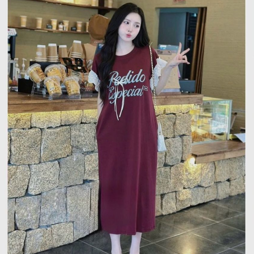 Váy suông thun cotton dáng dài maxi Đầm nữ bigsize bầu chubby xinh form rộng tay phối bèo ren đính nơ không cổ T1351G