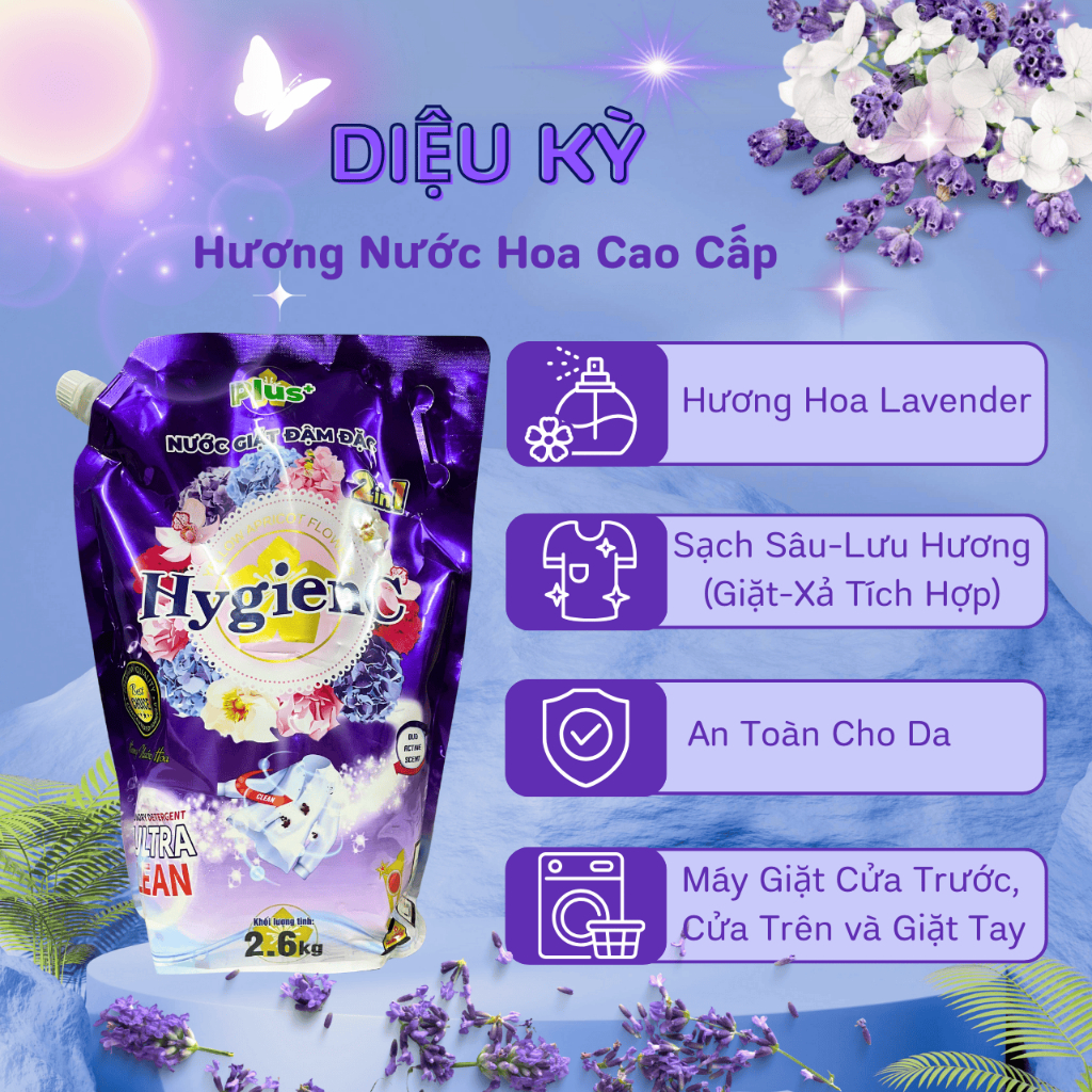 Bộ Đôi: 1 Túi Nước Giặt (2,6kg) + 1 Can Xả Vải (1,1kg) HygienC Plus - Dưỡng Vải, Sạch Vết Bẩn