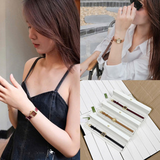 Đồng hồ dây da sần mặc vuông viền vàng full box