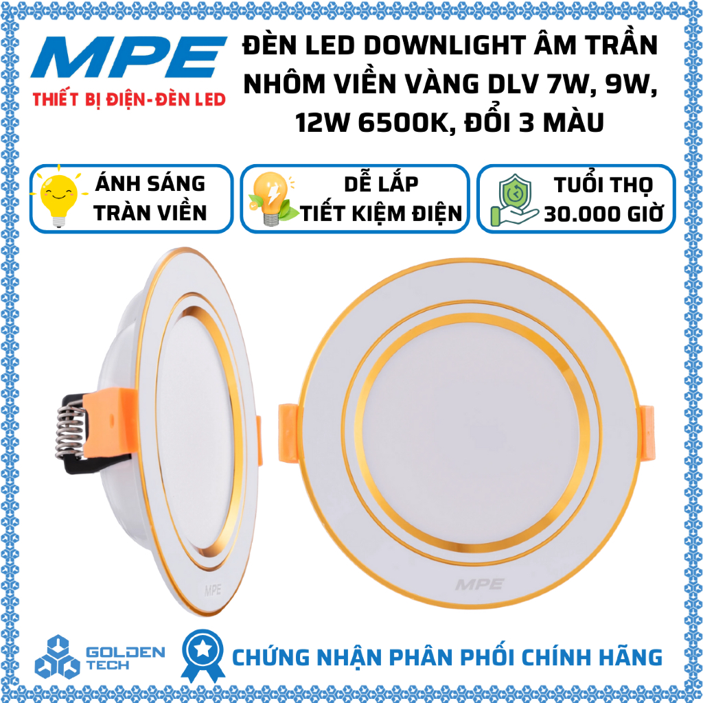 Đèn Led Downlight âm trần nhôm viền Vàng 7W, 9W, 12W Ánh sáng trắng ...