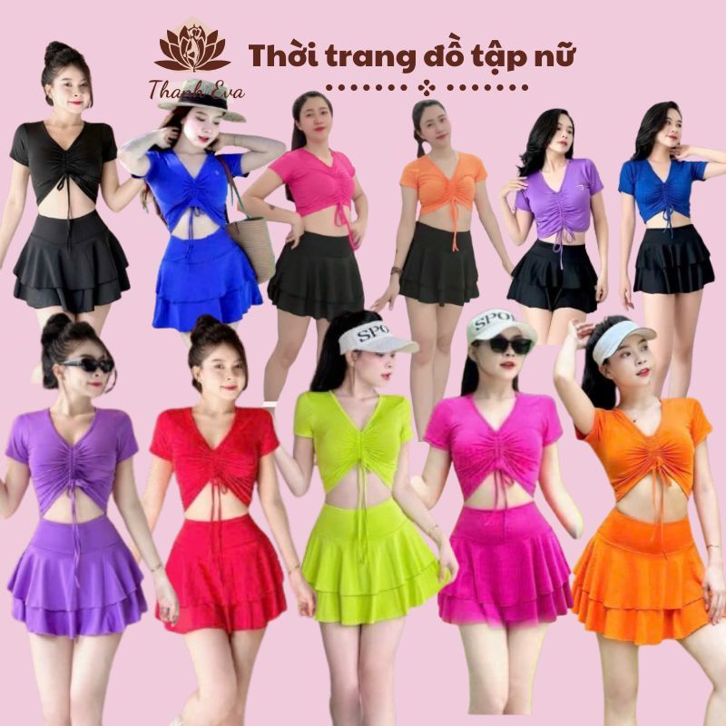 Set váy đi bơi , tập aerobic... váy xòe tầng ,áo rút dây kín đáo trẻ trung năng động che khuyết điểm
