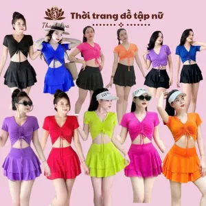 Set váy đi bơi , tập aerobic... váy xòe tầng ,áo rút dây kín đáo trẻ trung năng động che khuyết điểm