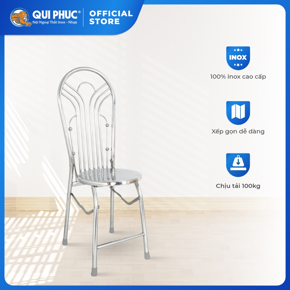 Ghế lưng tựa inox Dona QUI PHÚC, khung inox chắc chắn, không gỉ, chịu lực tốt, chân ghế chống trượt, chịu tải 100kg