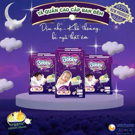 Tã/Bỉm Quần Cao Cấp Bobby Ogranic Ban Đêm Full Size M-XXXL - Unicharm Nhật Bản