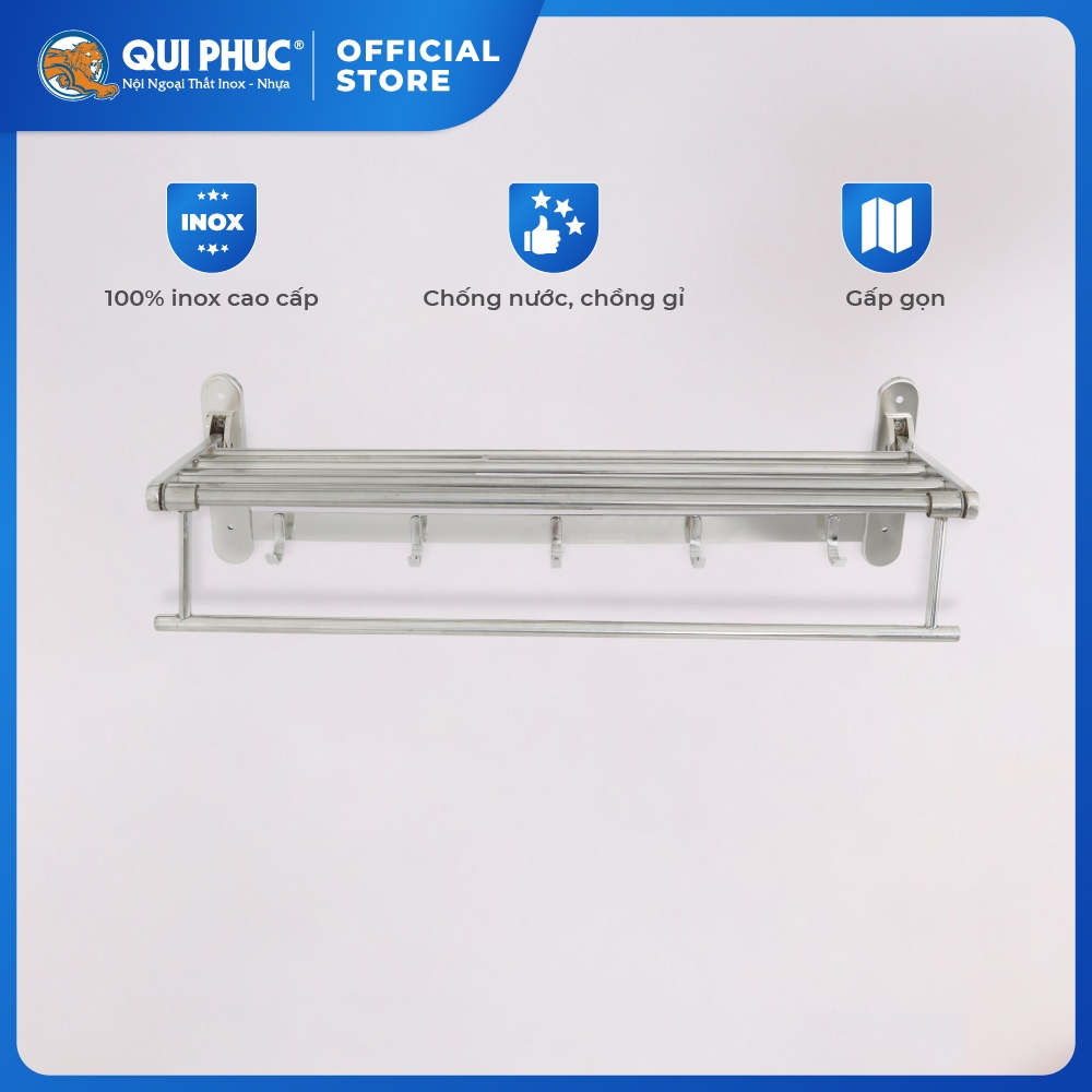 Máng Khăn Xếp DELI - Chính Hãng Qui Phúc - Inox 304 Không Gỉ - Có Móc Treo Tiện Lợi - Phụ Kiện Nhà Tắm