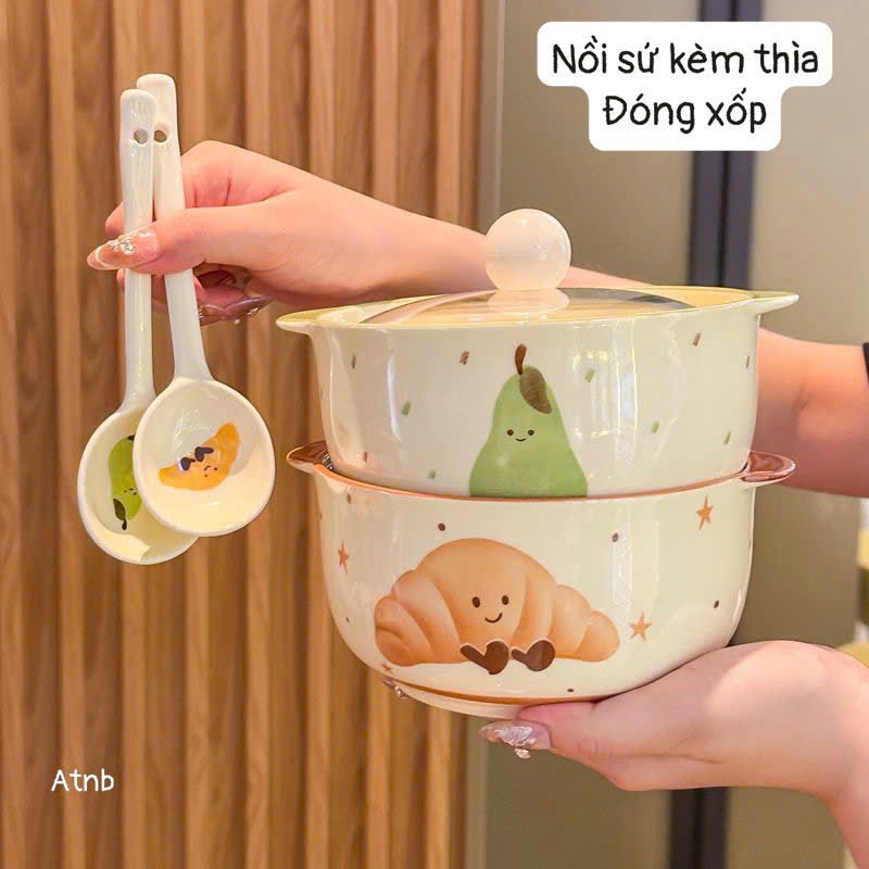 🥑 Nồi Sứ Kèm Thìa Hoạ Tiết Quả Bơ Và Bánh Ngọt Xinh Xỉu 🍰 ( Tặng kèm 1 đôi đũa)