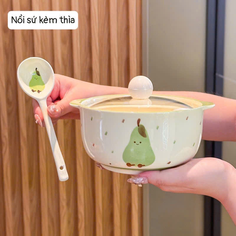 🥑 Nồi Sứ Kèm Thìa Hoạ Tiết Quả Bơ Và Bánh Ngọt Xinh Xỉu 🍰 ( Tặng kèm 1 đôi đũa)