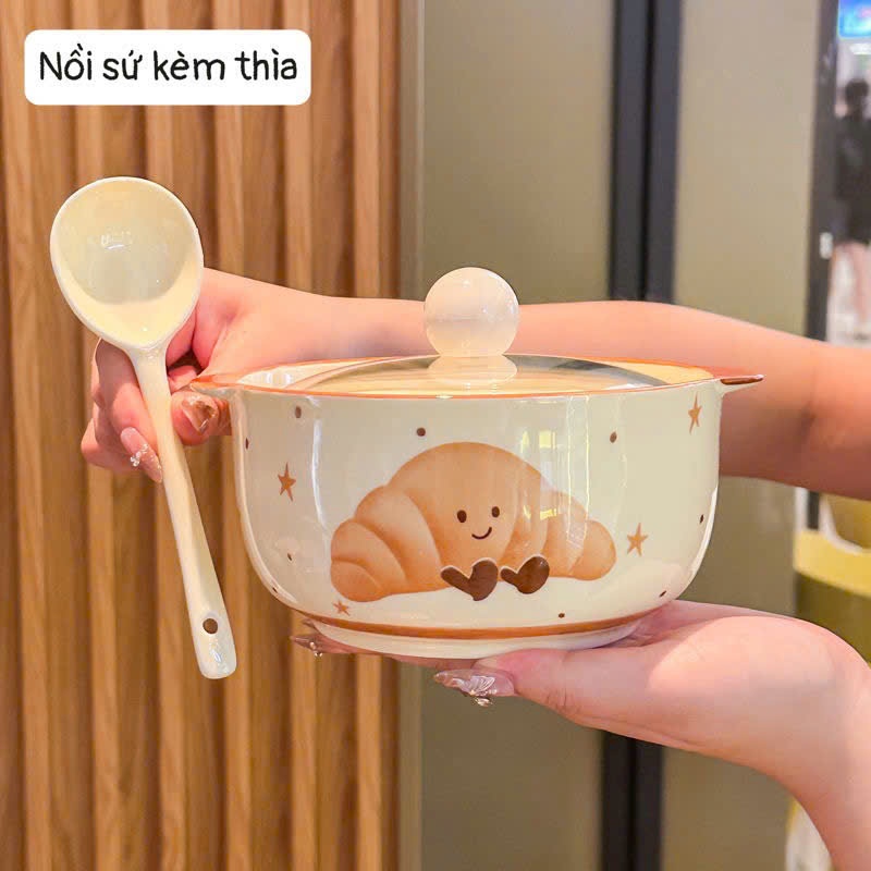 🥑 Nồi Sứ Kèm Thìa Hoạ Tiết Quả Bơ Và Bánh Ngọt Xinh Xỉu 🍰 ( Tặng kèm 1 đôi đũa)