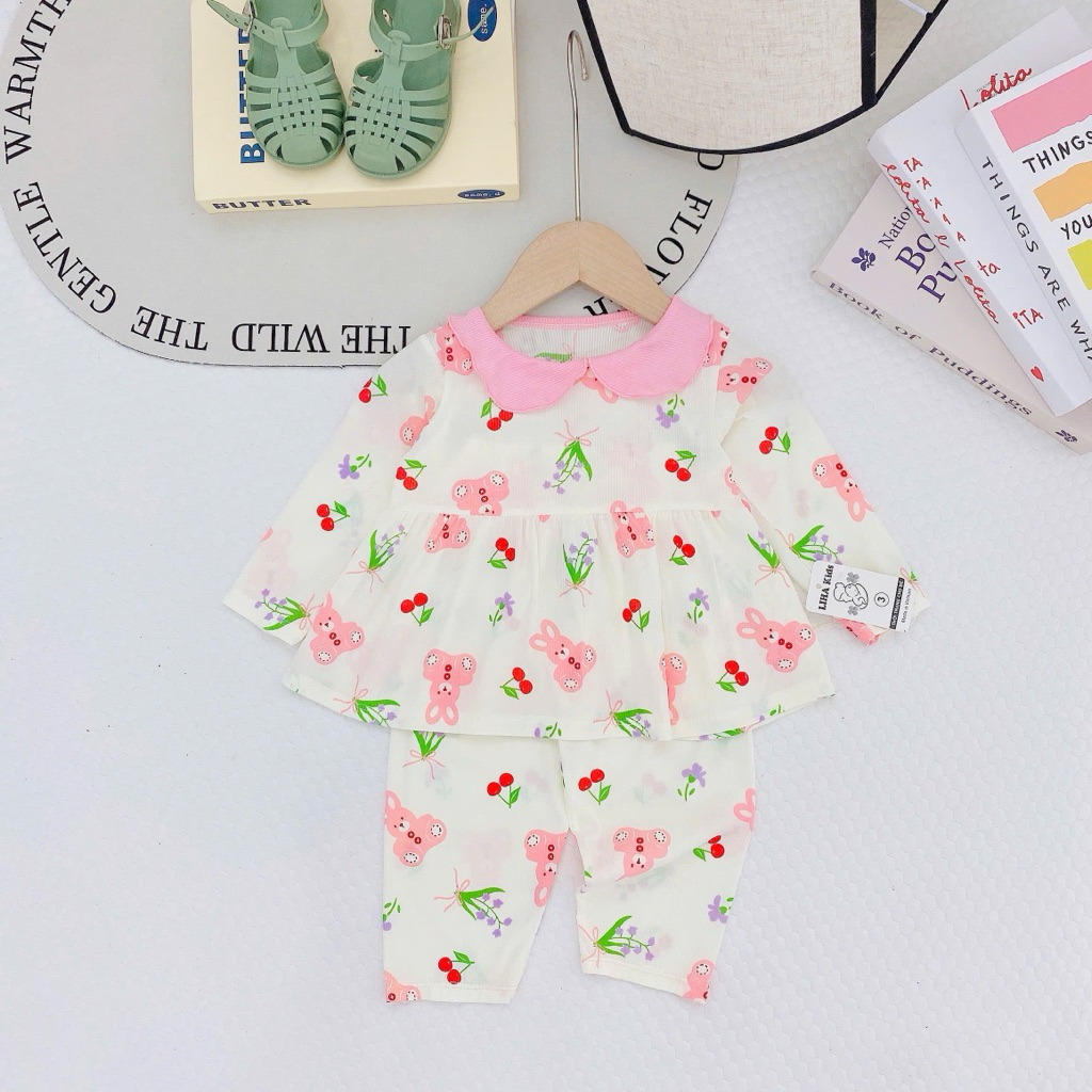 Combo bộ dài tay babydoll cổ bèo cho bé gái 8kg-18kg