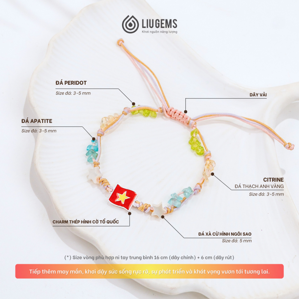 Vòng Tay Nữ Dây Vải Mix Lá Cờ Tổ Quốc Thép Không Gỉ Đá Tự Nhiên Liugems Shining Spirit Handmade CM02