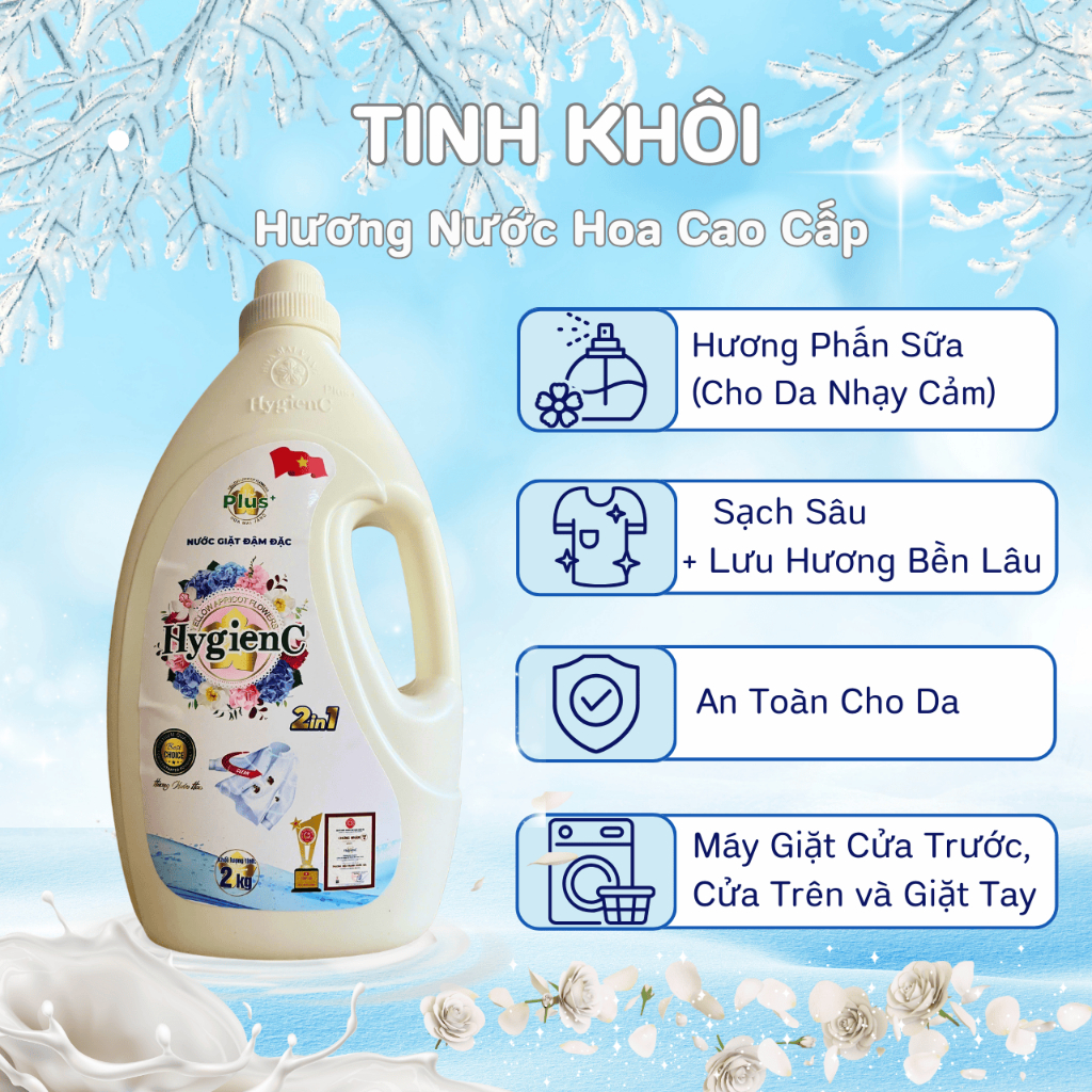 Combo 8 Can Nước Giặt HygienC Plus 2,0 Kg/Can Đậm Đặc Hương Nước Hoa - Sạch Vết Bẩn, Dưỡng Vải