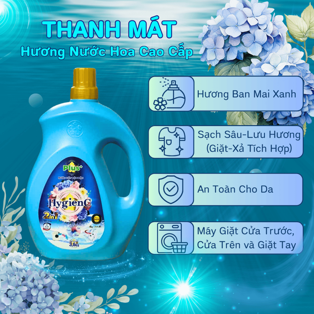 Nước Giặt Đậm Đặc HygienC Plus 3,6Kg/ Can Hương Nước Hoa - Sạch Vết Bẩn, Lưu Hương Bền Lâu