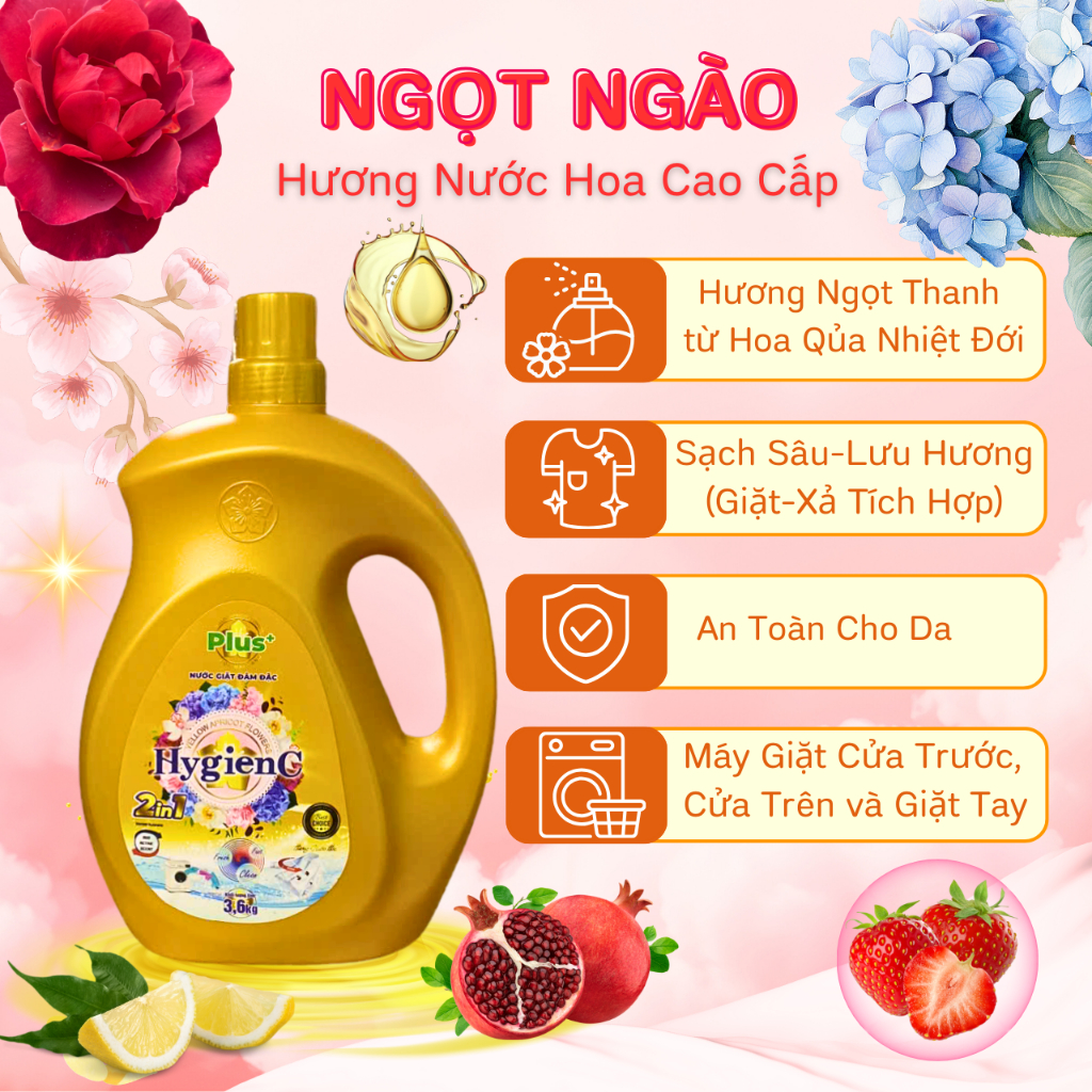 [SỈ THÙNG] Combo 5 Can Nước Giặt Đậm Đặc HygienC Plus 3,6 Kg/Can - Hương Nước Hoa, Làm Sạch Vết Bẩn