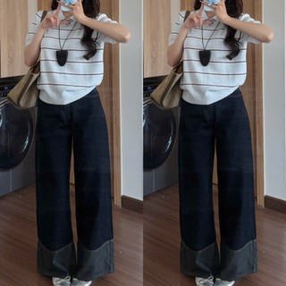 Quần Jeans KORA xanh đậm ống rộng viền chỉ nổi HAVANA QJ330
