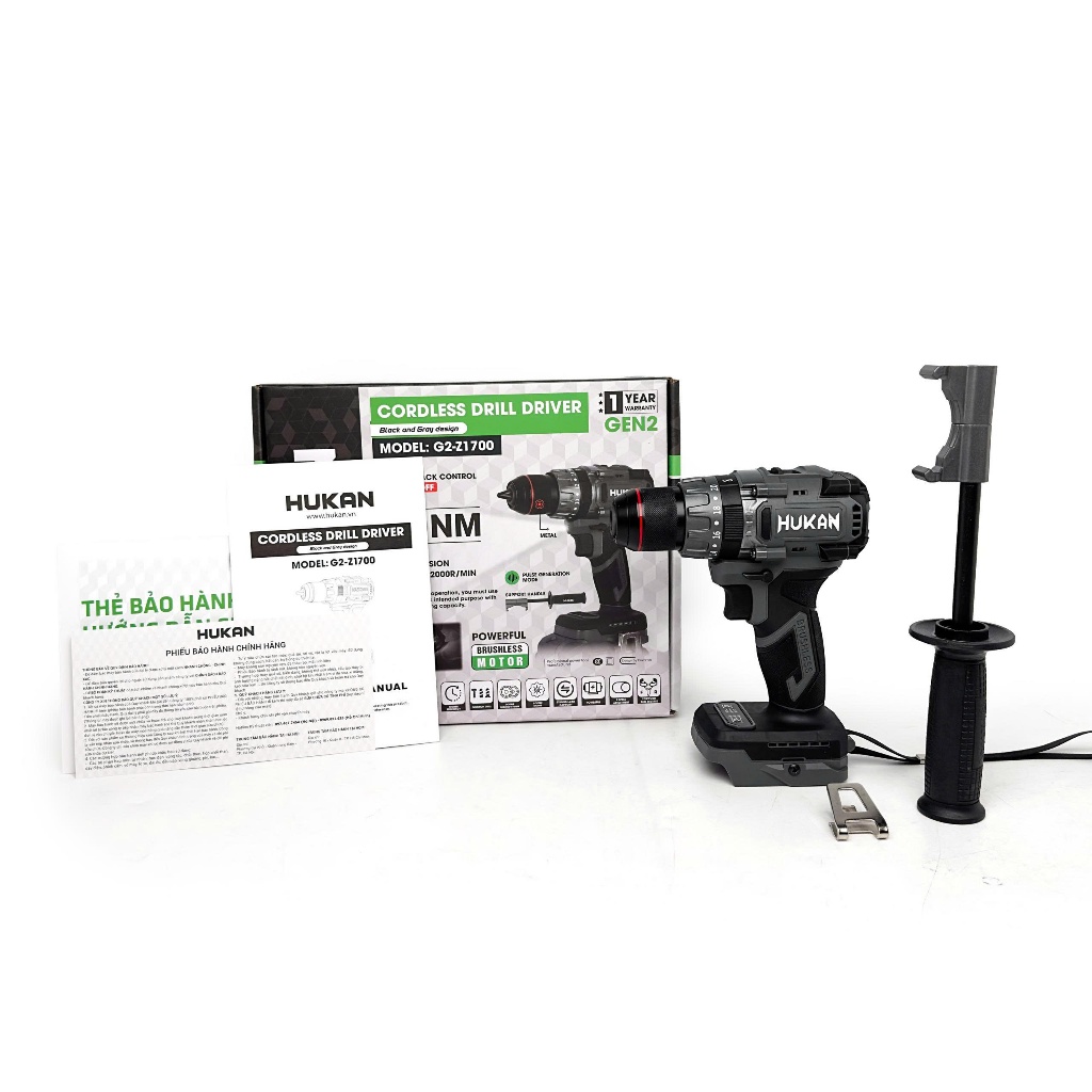 Máy Khoan Đầu 13mm HUKAN G2-Z1700| Lực Siết 100N.m, 3 Chức Năng Khoan/Vít/Búa, Anti Kickback, Tạo Xung,Động Cơ KCT