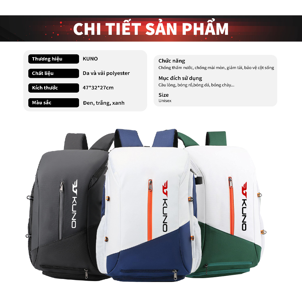 Balo Thể Thao KUNO Cải Tiến Mới, Sử Dụng Thể Thao Cầu Lông, Tennis, Bóng Rổ, Thời Trang Đa Năng Chống Thấm Nước - BN03K