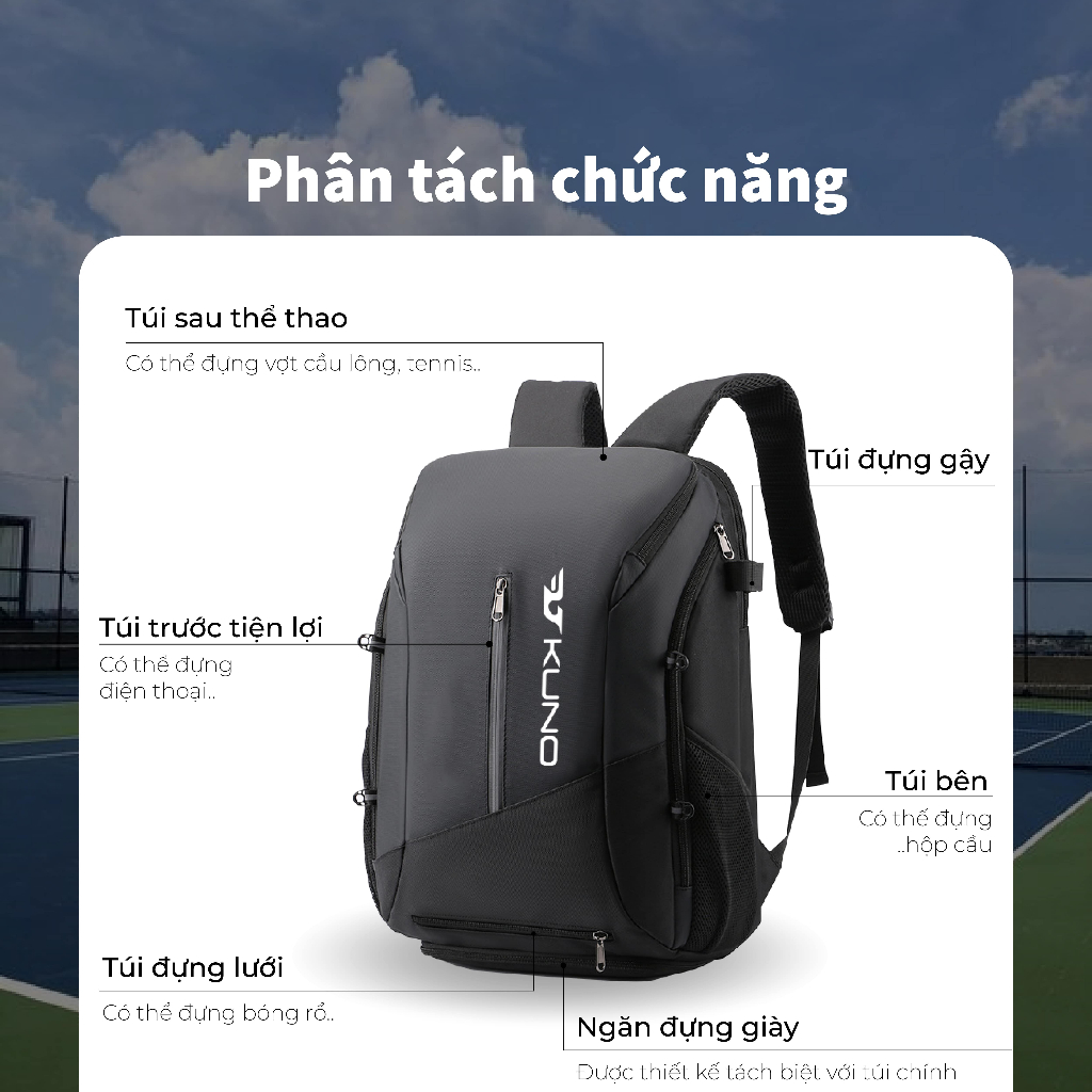 Balo Thể Thao KUNO Cải Tiến Mới, Sử Dụng Thể Thao Cầu Lông, Tennis, Bóng Rổ, Thời Trang Đa Năng Chống Thấm Nước - BN03K