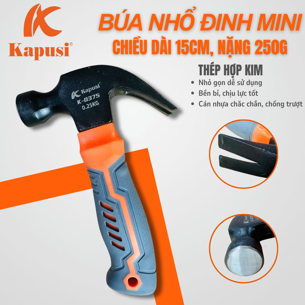 Búa nhổ đinh sừng dê KAPUSI Nhật Bản dạng lùn chiều dài 15cm, đầu búa nặng 250gr - BÚA CÁN NGẮN