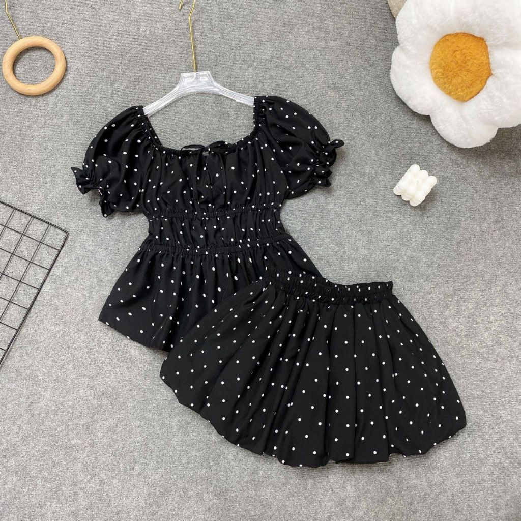 Set Đồ Nữ Áo Chấm Bi Tay Bồng Phối Chân Váy Xòe –  Đi Chơi, Dạo Phố, Nữ Tính Trẻ Trung A282-CV423