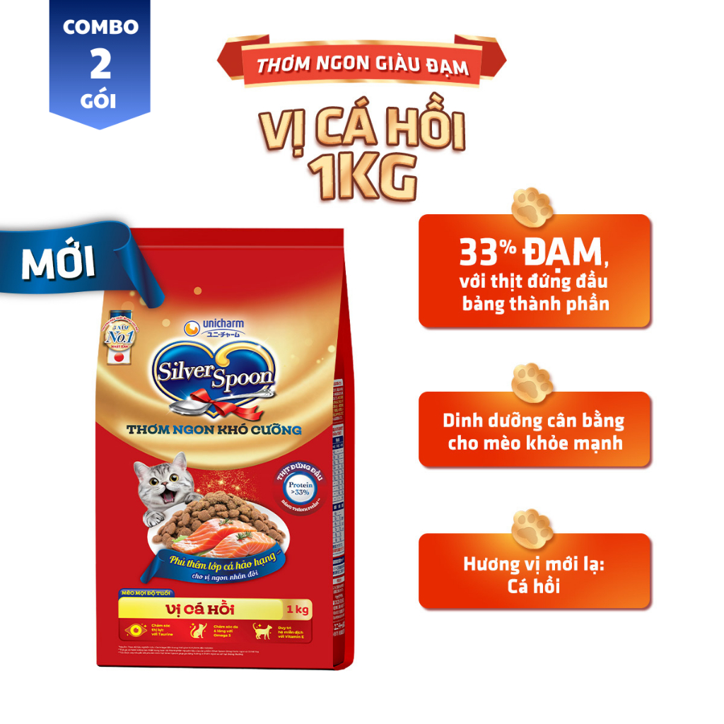[V] Combo 2 Thức ăn hạt cho mèo trong nhà Silver Spoon - Vị thịt gà & thịt cừu / Cá Hồi 1kg
