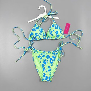 Set bikini 2 mảnh dáng tam giác dây buộc họa tiết báo xanh có sẵn đệm ngực, hàng VNXK