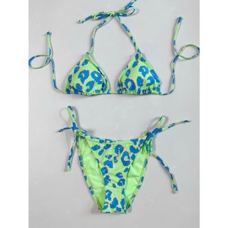 Set bikini 2 mảnh dáng tam giác dây buộc họa tiết báo xanh có sẵn đệm ngực, hàng VNXK