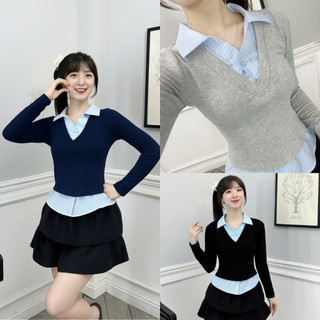 Áo Thun Ôm Body Nữ Tôn Dáng Phối Cổ Sơ Mi Thanh Lịch Aothunbody1118