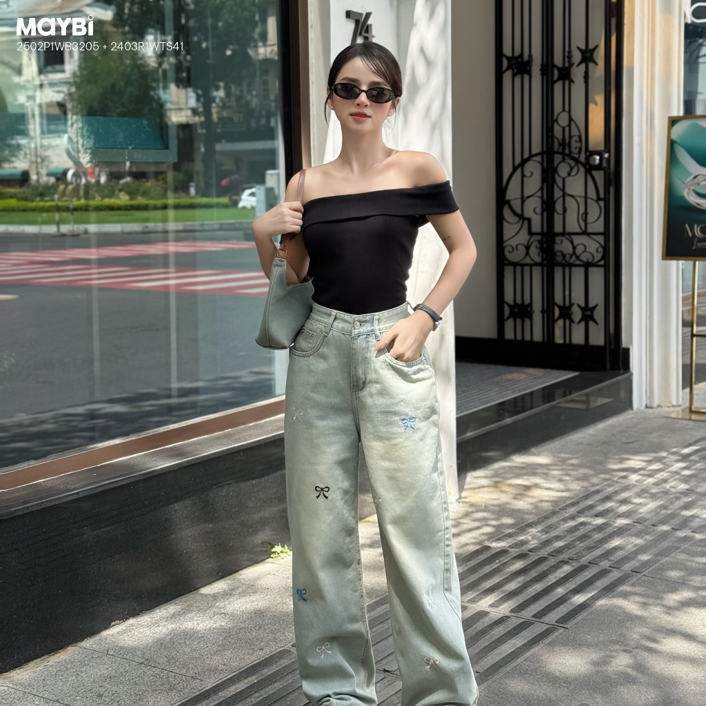 MAYBI Quần jean ống suông phối nơ trang trí,chất liệu jean cao cấp, thoáng thoải mái - Chính hãng